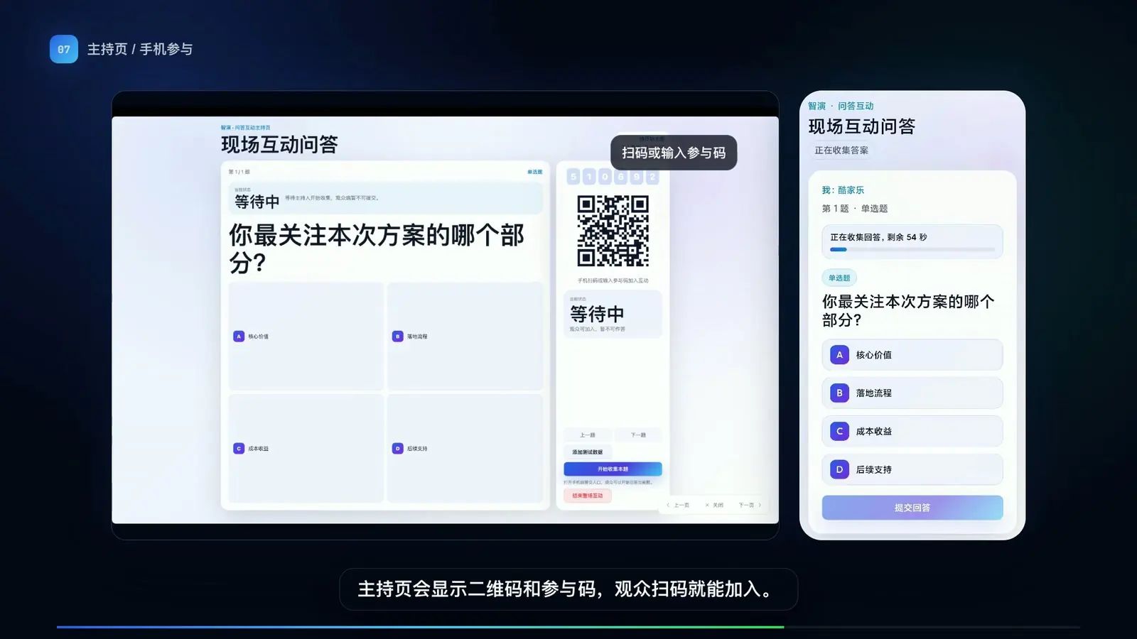 智演家扫码互动的主持端、参与二维码和手机答题页面